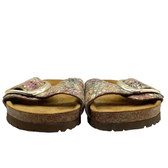 NAOT Maryland Gold Big Buckle Slide Sandals 39 8 Golden Floral Leather One Strap - Picture 7 of 12